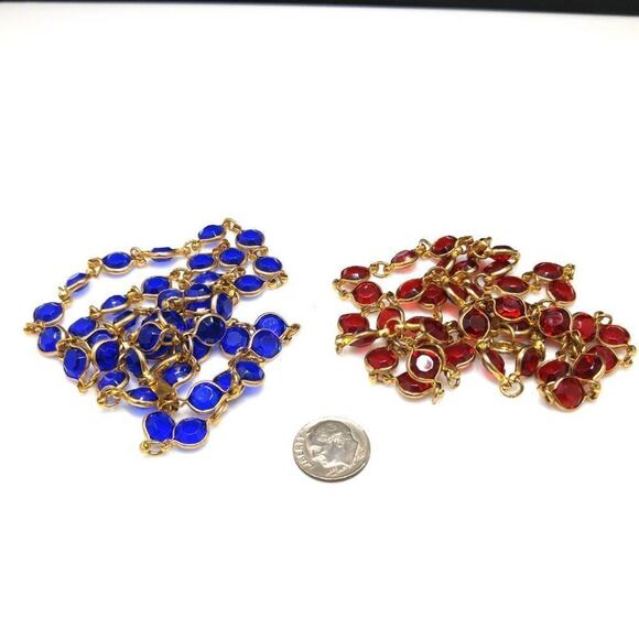 Vintage 2 Necklace Set, Red Blue Acrylic Flat Bead Chains, TWO SISTERS, 28 Inch - Picture 4 of 6